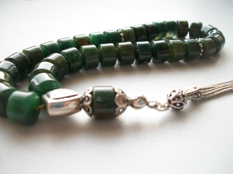 Yosun Akik Taşı Nadir Kesme Model Gümüşlü Tesbih (JSWADHNY) - 2