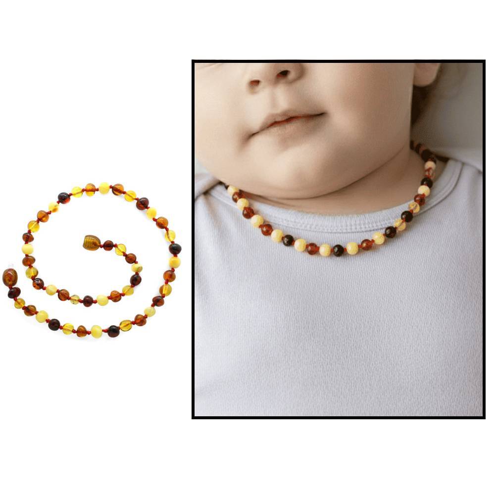 Çift Renkli Doğal Damla Kehribar Taşlı Bebek Diş Kolyesi - 1