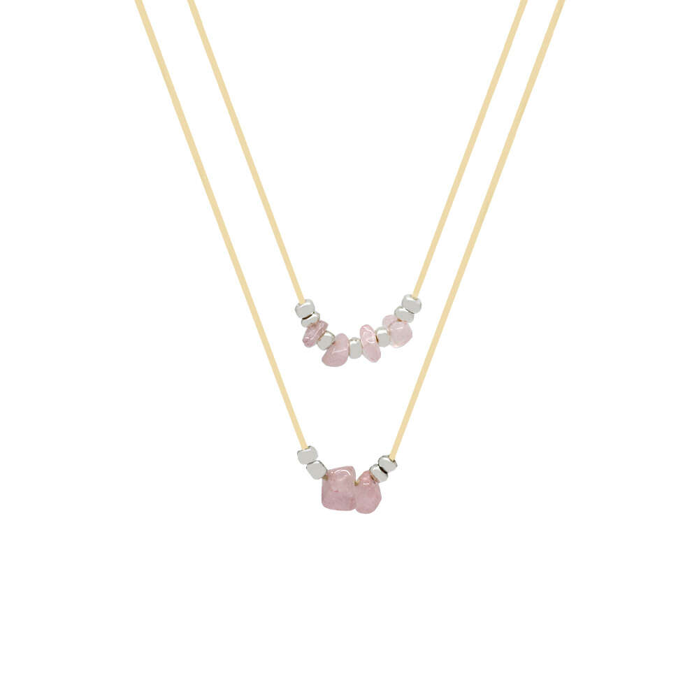 Zarif İp Zincirli Natural Form Pembe Kuvars Doğaltaş Kadın Kolye - 1