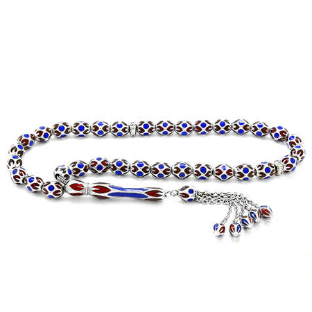 Zarif Tasarım Bordo-Mavi Mineli Arpa Kesim 925 Ayar Gümüş Tesbih - Tesbihane