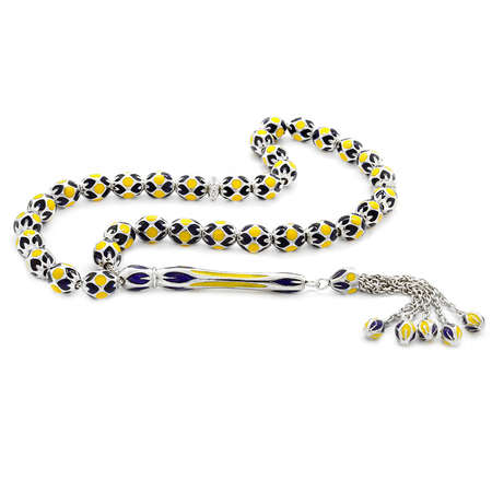 Zarif Tasarım Sarı-Lacivert Mineli Arpa Kesim 925 Ayar Gümüş Tesbih - Tesbihane