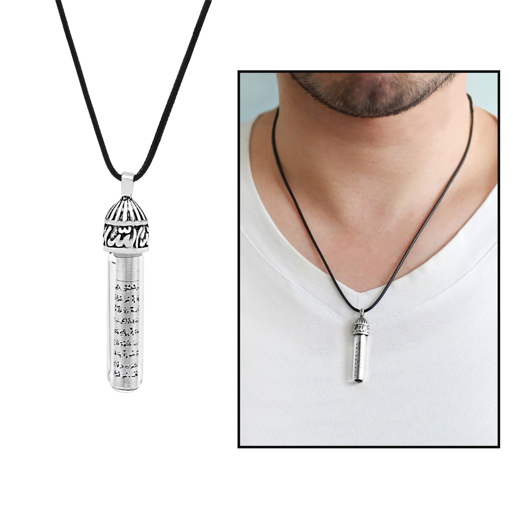 Zemzem İle Doldurulmuş Arapça Allah Yazılı İp Zincirli 925 Ayar Gümüş Kadın Cevşen Kolye - 2