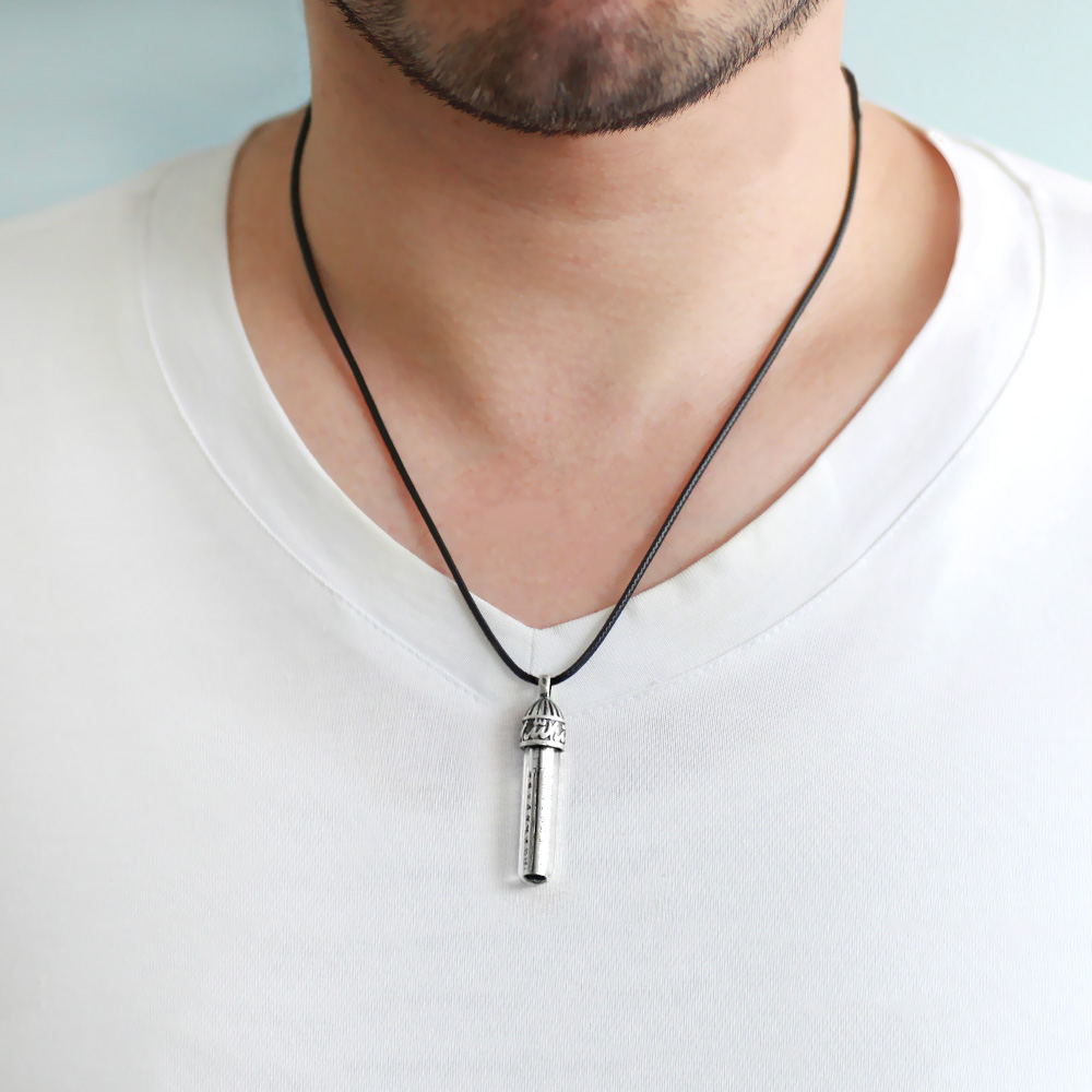 Zemzem İle Doldurulmuş Arapça Allah Yazılı İp Zincirli 925 Ayar Gümüş Kadın Cevşen Kolye - 3