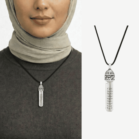 Zemzem İle Doldurulmuş Arapça Allah Yazılı Zarif İp Zincirli 925 Ayar Gümüş Kadın Cevşen Kolye - Tesbihane