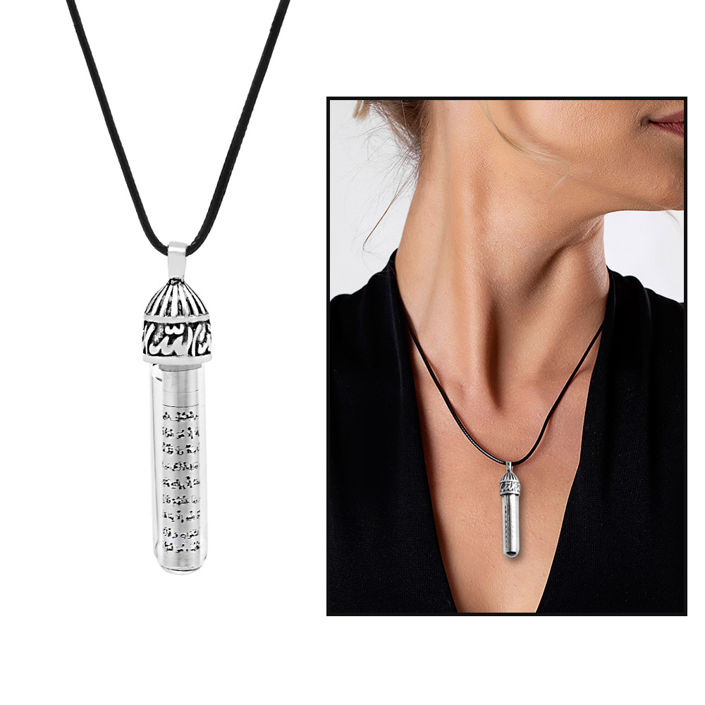 Zemzem İle Doldurulmuş Arapça Allah Yazılı Zarif İp Zincirli 925 Ayar Gümüş Kadın Cevşen Kolye - 2
