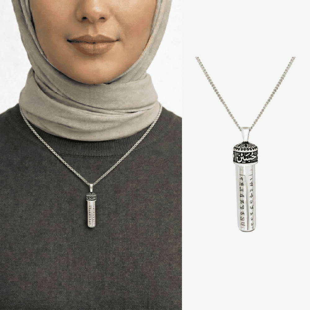 Zemzem İle Doldurulmuş Arapça Hasan Hüseyin Yazılı 925 Ayar Kadın Gümüş Cevşen Kolye - 1
