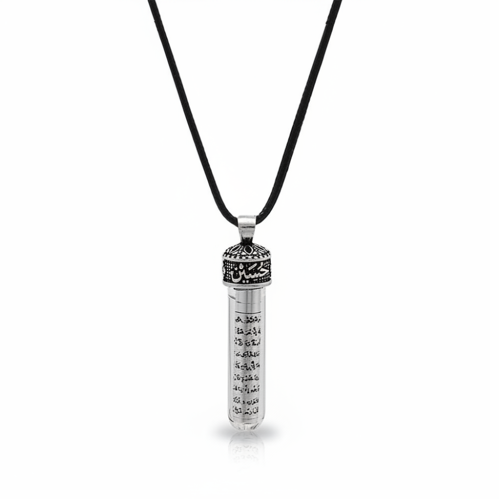 Zemzem İle Doldurulmuş Arapça Hasan Hüseyin Yazılı İp Zincirli 925 Ayar Gümüş Erkek Cevşen Kolye - 4