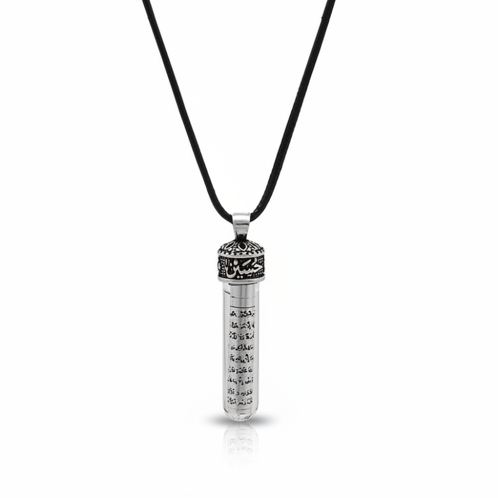 Zemzem İle Doldurulmuş Arapça Hasan Hüseyin Yazılı İp Zincirli 925 Ayar Gümüş Kadın Cevşen Kolye - 4