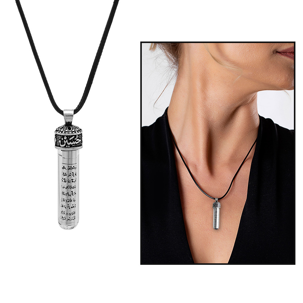 Zemzem İle Doldurulmuş Arapça Hasan Hüseyin Yazılı İp Zincirli 925 Ayar Gümüş Kadın Cevşen Kolye - 1