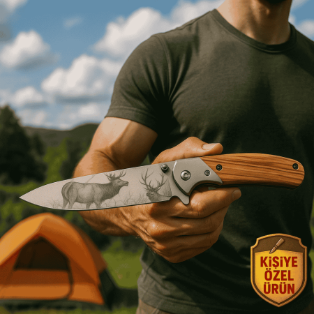 Zeytin Ağacı Saplı Geyik Deyatlı İsme Özel Yazılı 9Cr18MoV Kalite Paslanmaz Çelik Avcı Kamp Bıçağı - Tesbihane