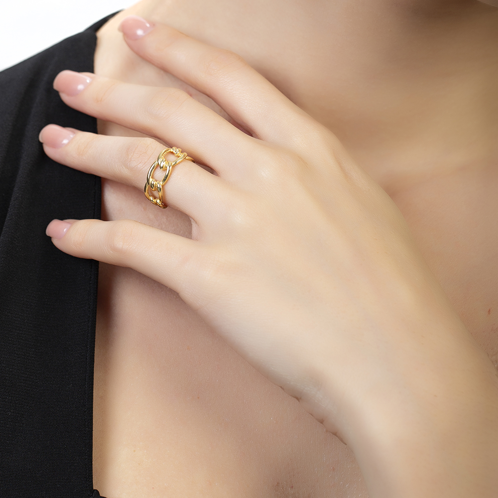 Örgü Tasarım Altın Renk Ayarlanabilir Ölçü 925 Ayar Gümüş Kadın Yüzük - 5