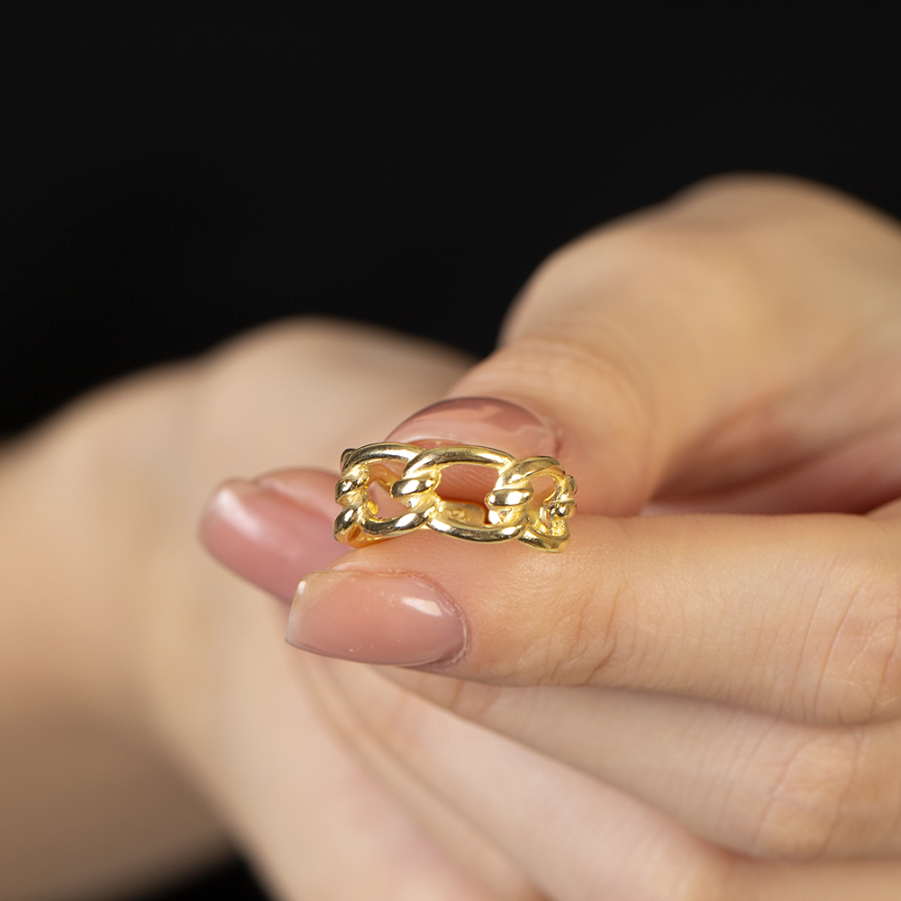 Örgü Tasarım Altın Renk Ayarlanabilir Ölçü 925 Ayar Gümüş Kadın Yüzük - 2