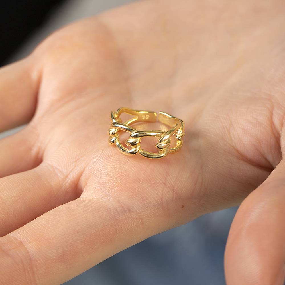 Örgü Tasarım Altın Renk Ayarlanabilir Ölçü 925 Ayar Gümüş Kadın Yüzük - 3