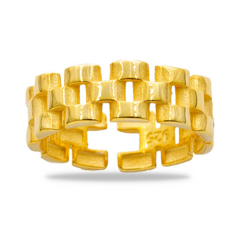 Zincir Tasarım Altın Renk Ayarlanabilir Ölçü 925 Ayar Gümüş Kadın Yüzük - 3