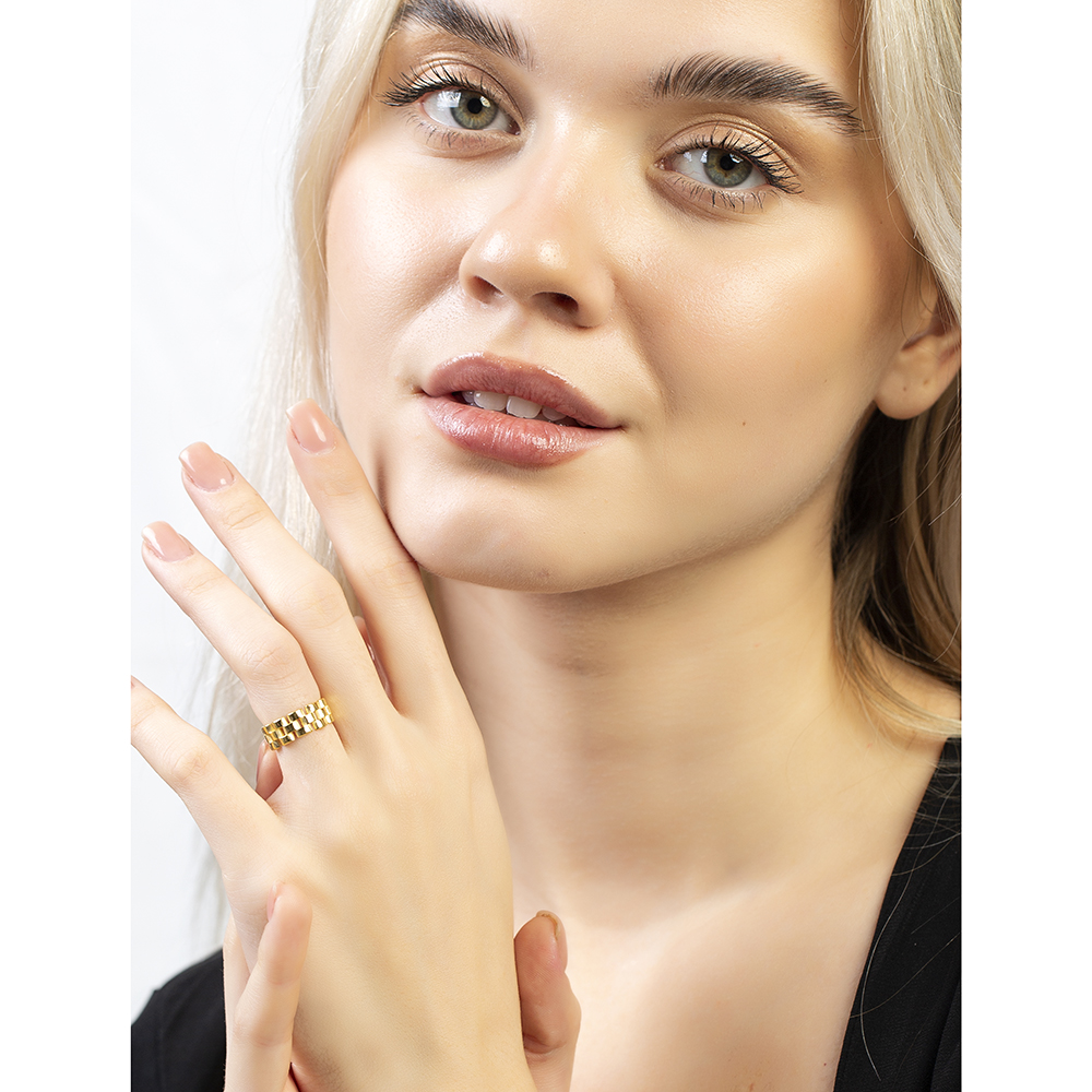 Zincir Tasarım Altın Renk Ayarlanabilir Ölçü 925 Ayar Gümüş Kadın Yüzük - 2