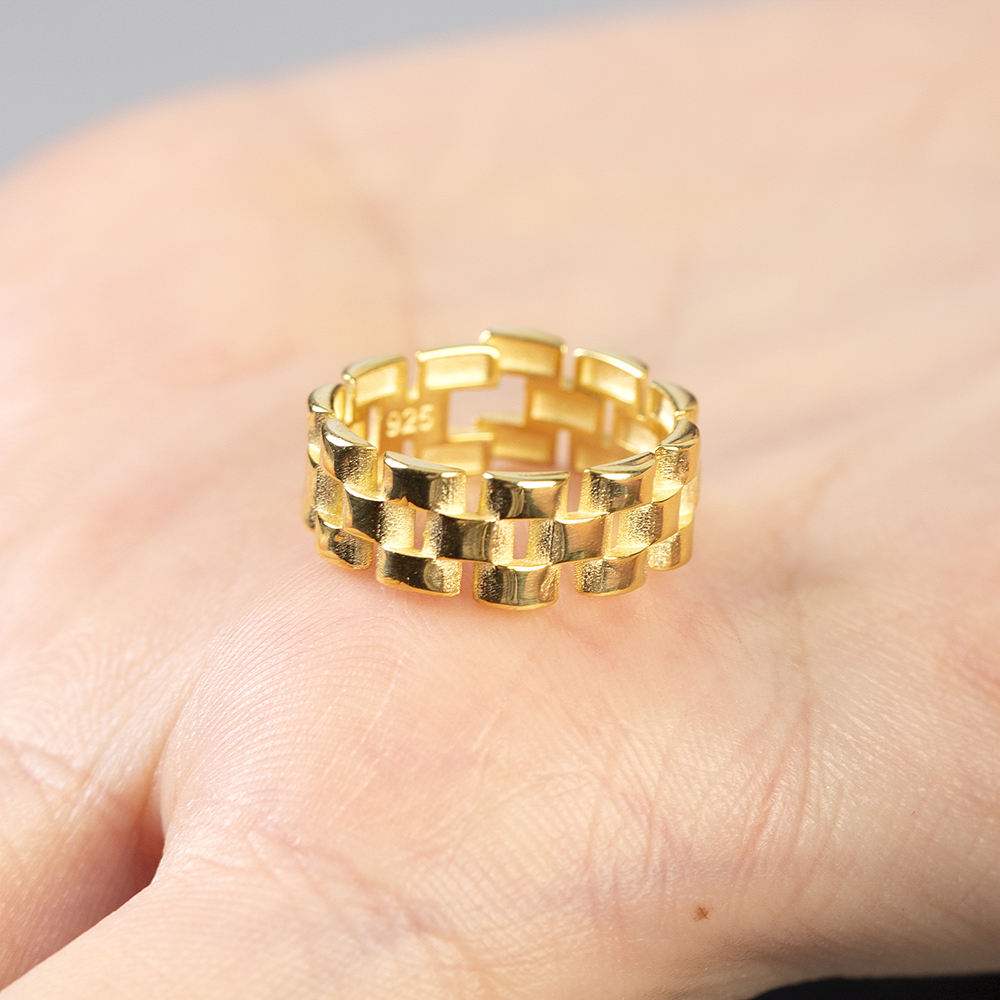 Zincir Tasarım Altın Renk Ayarlanabilir Ölçü 925 Ayar Gümüş Kadın Yüzük - 6