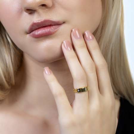 Zincir Tasarım Altın Renk Ayarlanabilir Ölçü İsme Özel Harf Yazılı 925 Ayar Gümüş Kadın Tektaş Yüzük - Tesbihane