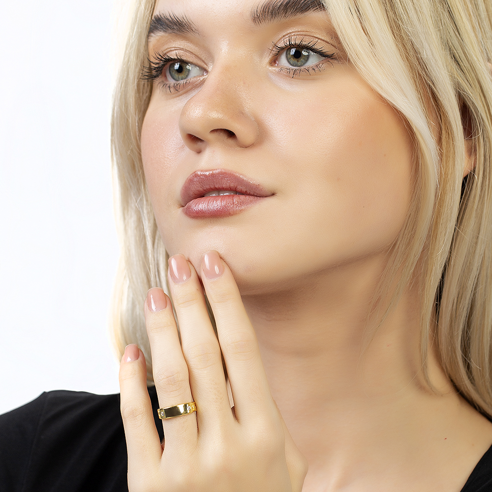 Zincir Tasarım Altın Renk Ayarlanabilir Ölçü İsme Özel Harf Yazılı 925 Ayar Gümüş Kadın Tektaş Yüzük - 3