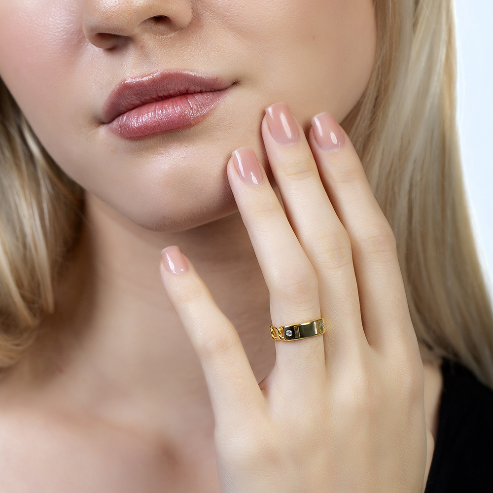 Zincir Tasarım Altın Renk Ayarlanabilir Ölçü İsme Özel Harf Yazılı 925 Ayar Gümüş Kadın Tektaş Yüzük - 1