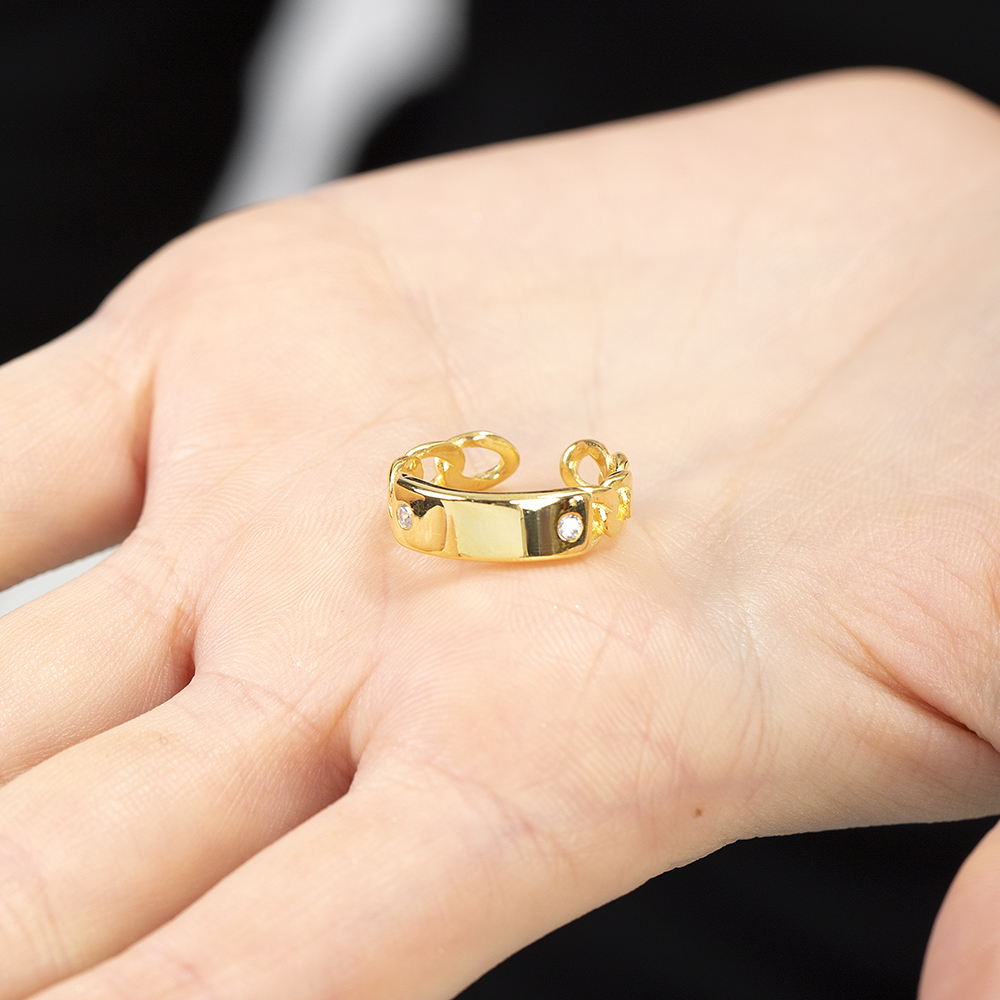 Zincir Tasarım Altın Renk Ayarlanabilir Ölçü İsme Özel Harf Yazılı 925 Ayar Gümüş Kadın Tektaş Yüzük - 5