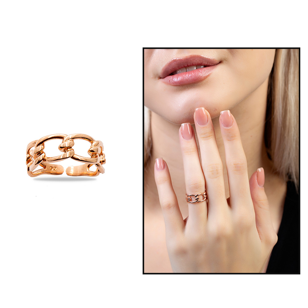 Örgü Tasarım Rose Renk Ayarlanabilir Ölçü 925 Ayar Gümüş Kadın Yüzük - 1