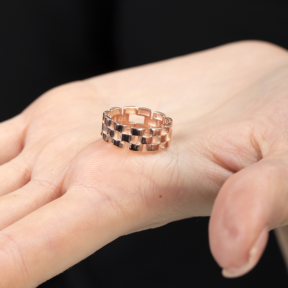 Zincir Tasarım Rose Renk Ayarlanabilir Ölçü 925 Ayar Gümüş Kadın Yüzük - 3