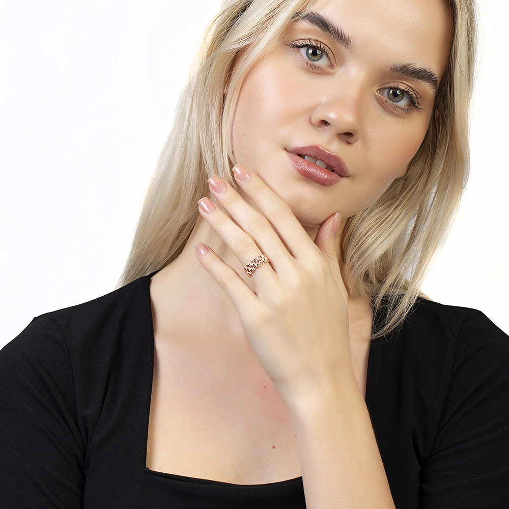 Zincir Tasarım Rose Renk Ayarlanabilir Ölçü 925 Ayar Gümüş Kadın Yüzük - 6