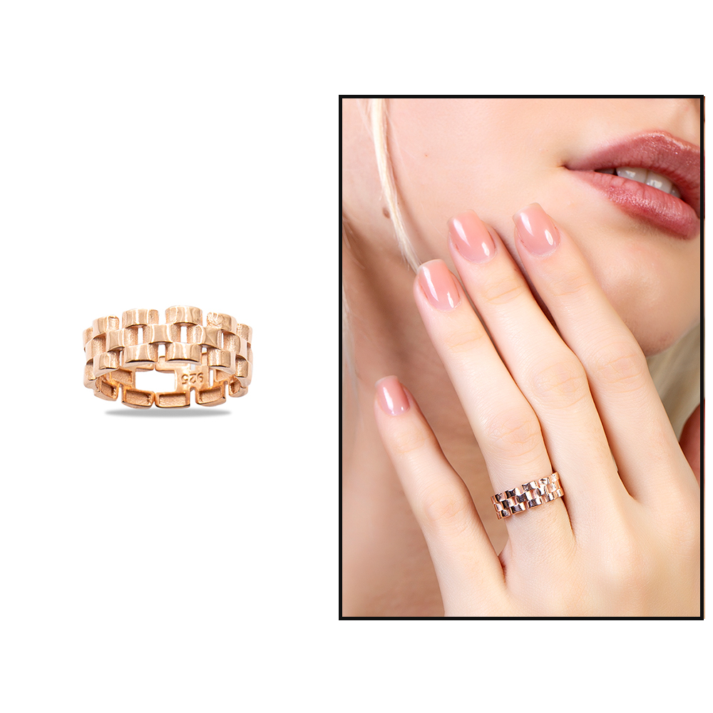 Zincir Tasarım Rose Renk Ayarlanabilir Ölçü 925 Ayar Gümüş Kadın Yüzük - 1