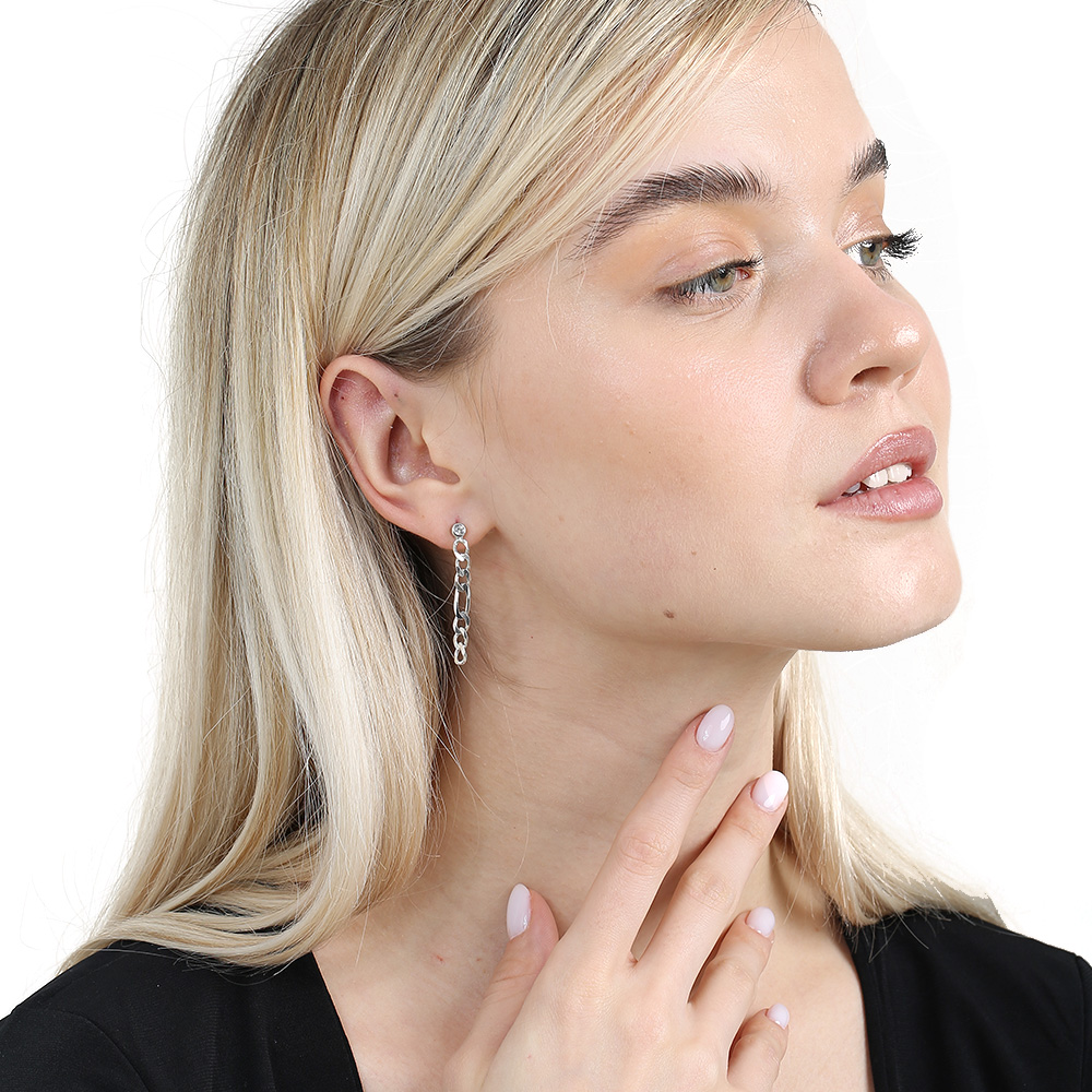 Zincir Tasarım Sallantılı Model Gümüş Renk 925 Ayar Gümüş Kadın Küpe - 1