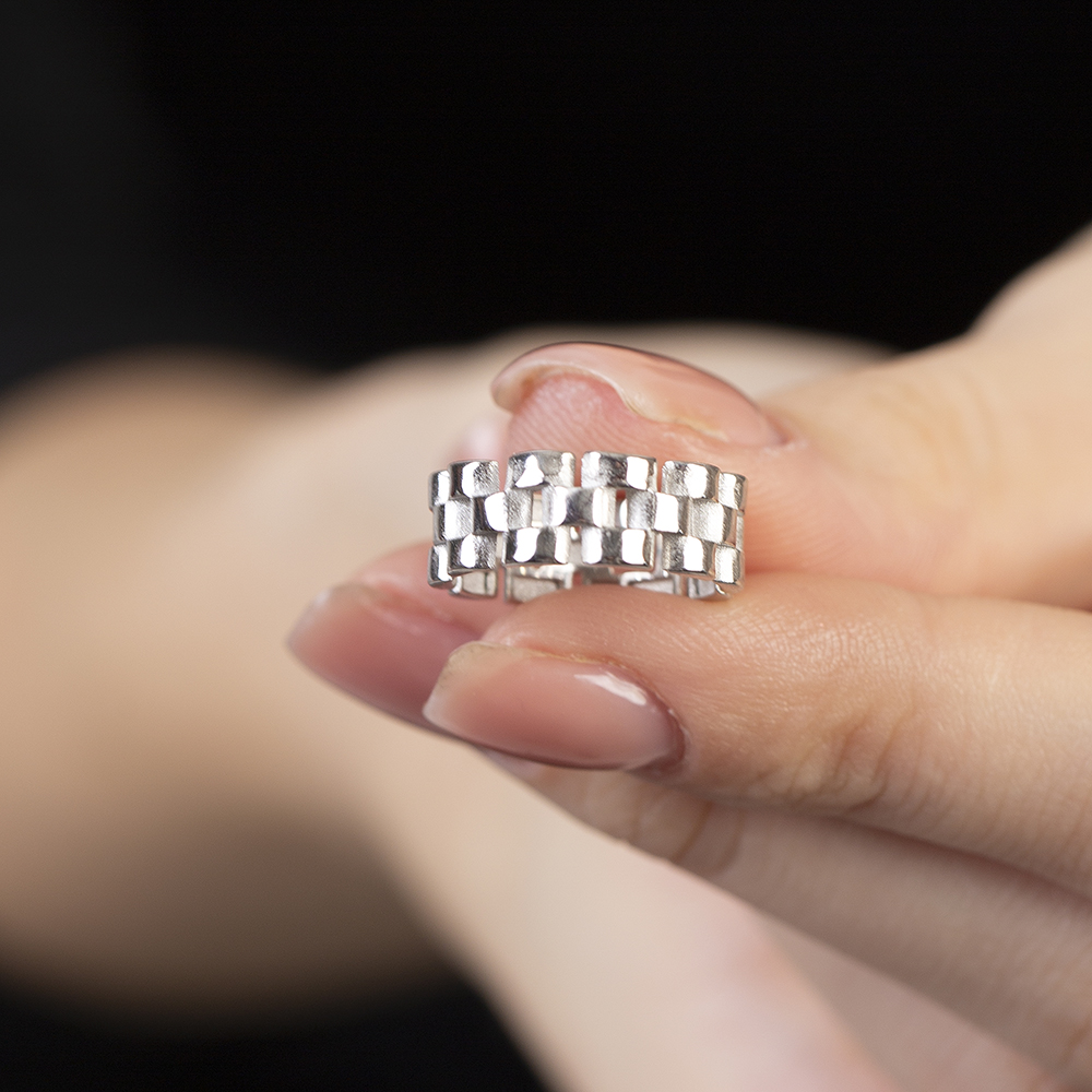 Zincir Tasarım Gümüş Renk Ayarlanabilir Ölçü 925 Ayar Gümüş Kadın Yüzük - 2