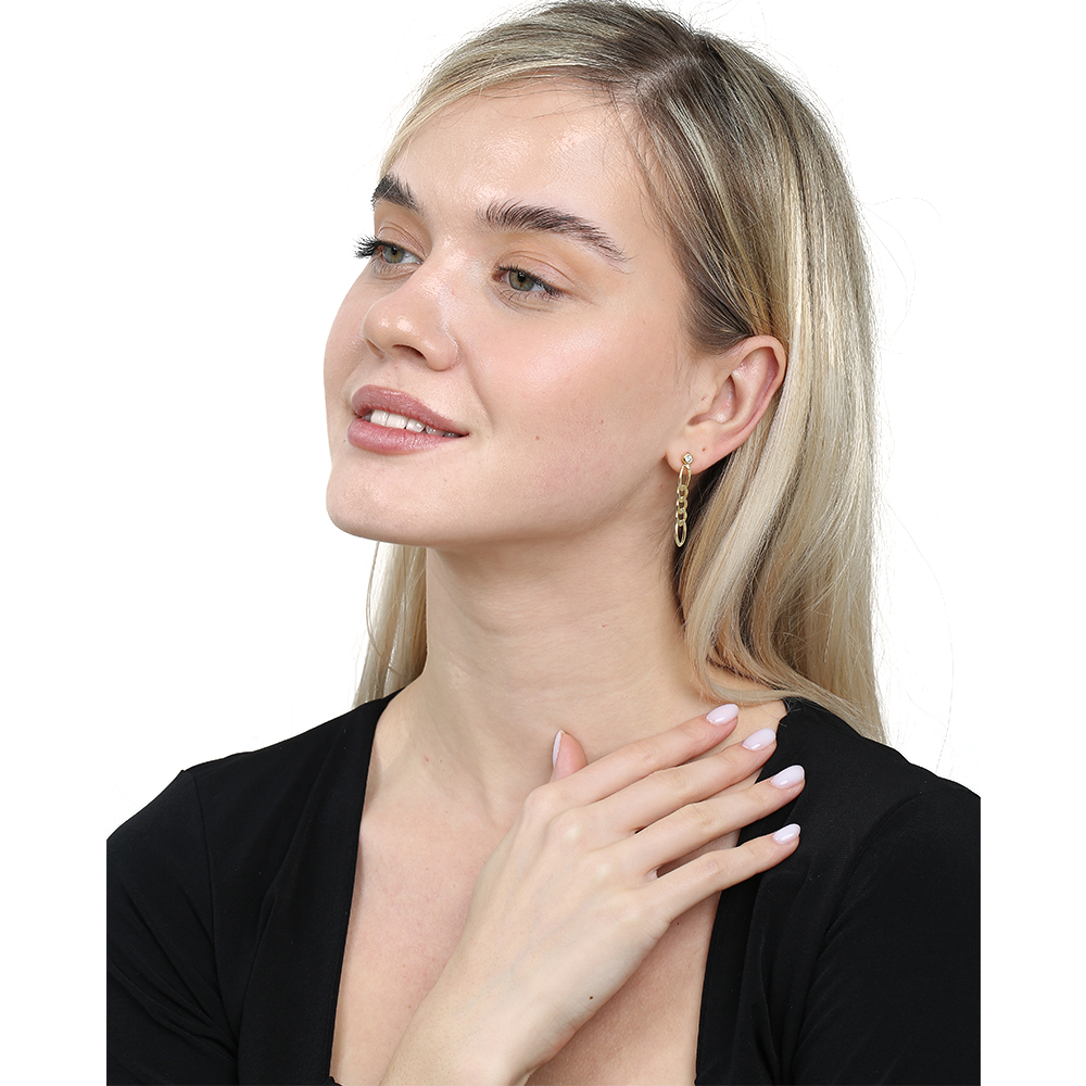 Zincir Tasarım Altın Renk 925 Ayar Gümüş Kadın Küpe - 2