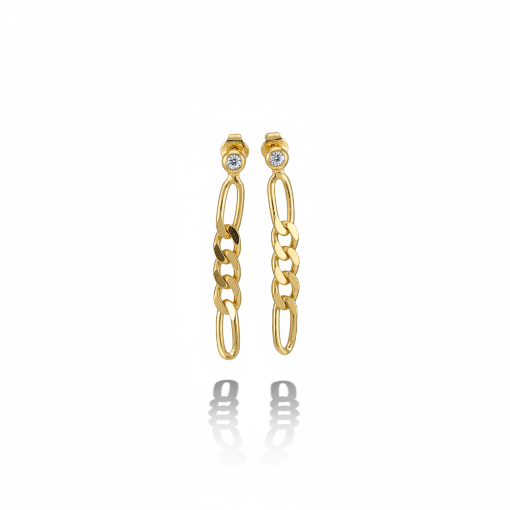 Zincir Tasarım Altın Renk 925 Ayar Gümüş Kadın Küpe - 4