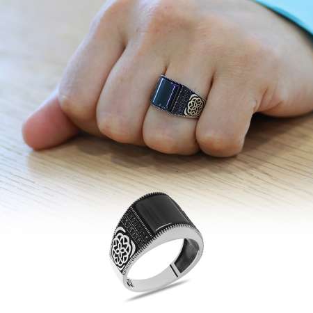 Zirkon Taş İşlemeli Karatay Desenli Bombeli Oniks Taşlı 925 Ayar Gümüş Erkek Yüzük - Tesbihane