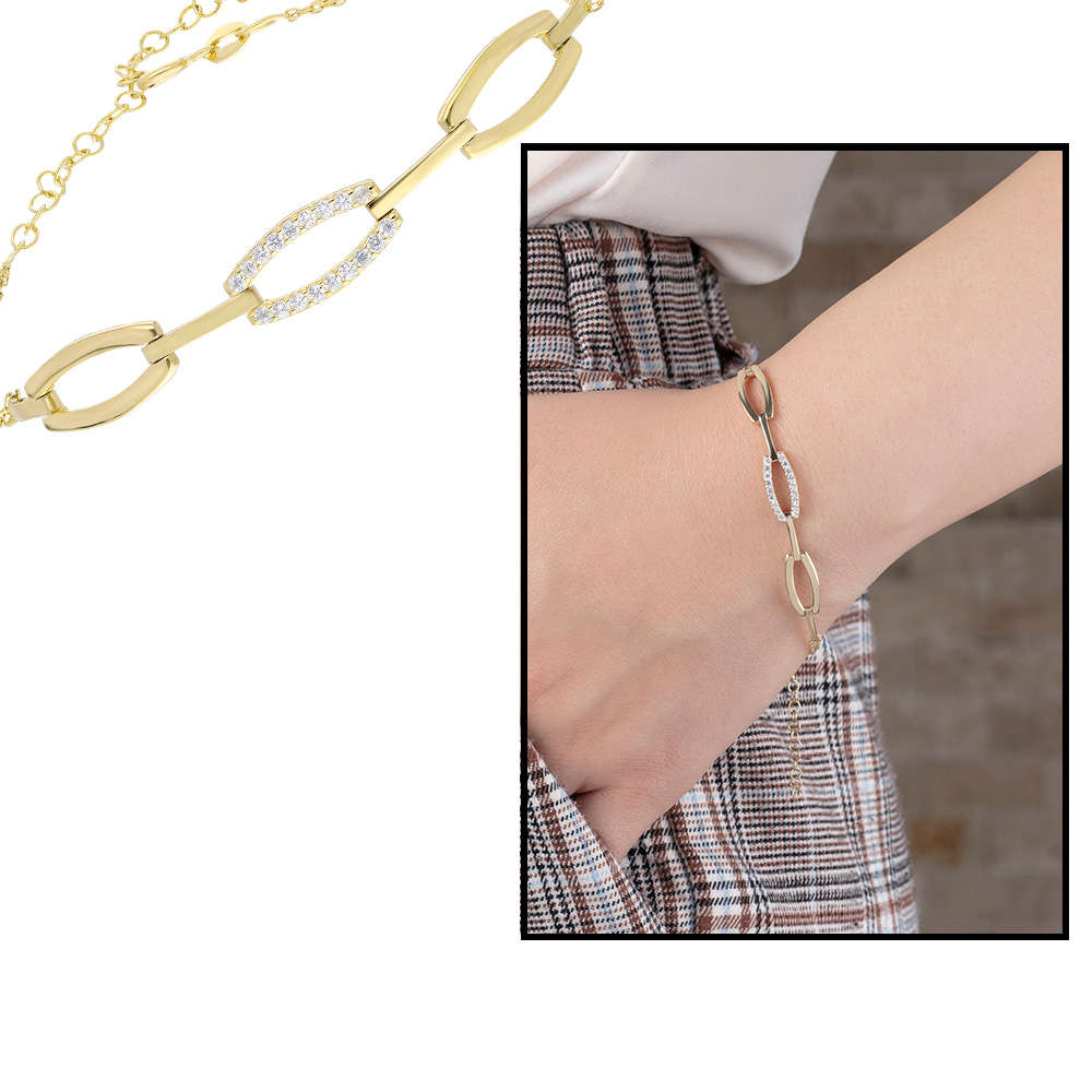 Zirkon Taşlı 3 lü Cats Eye Altın Renk 925 Ayar Gümüş Bayan Bileklik - 1