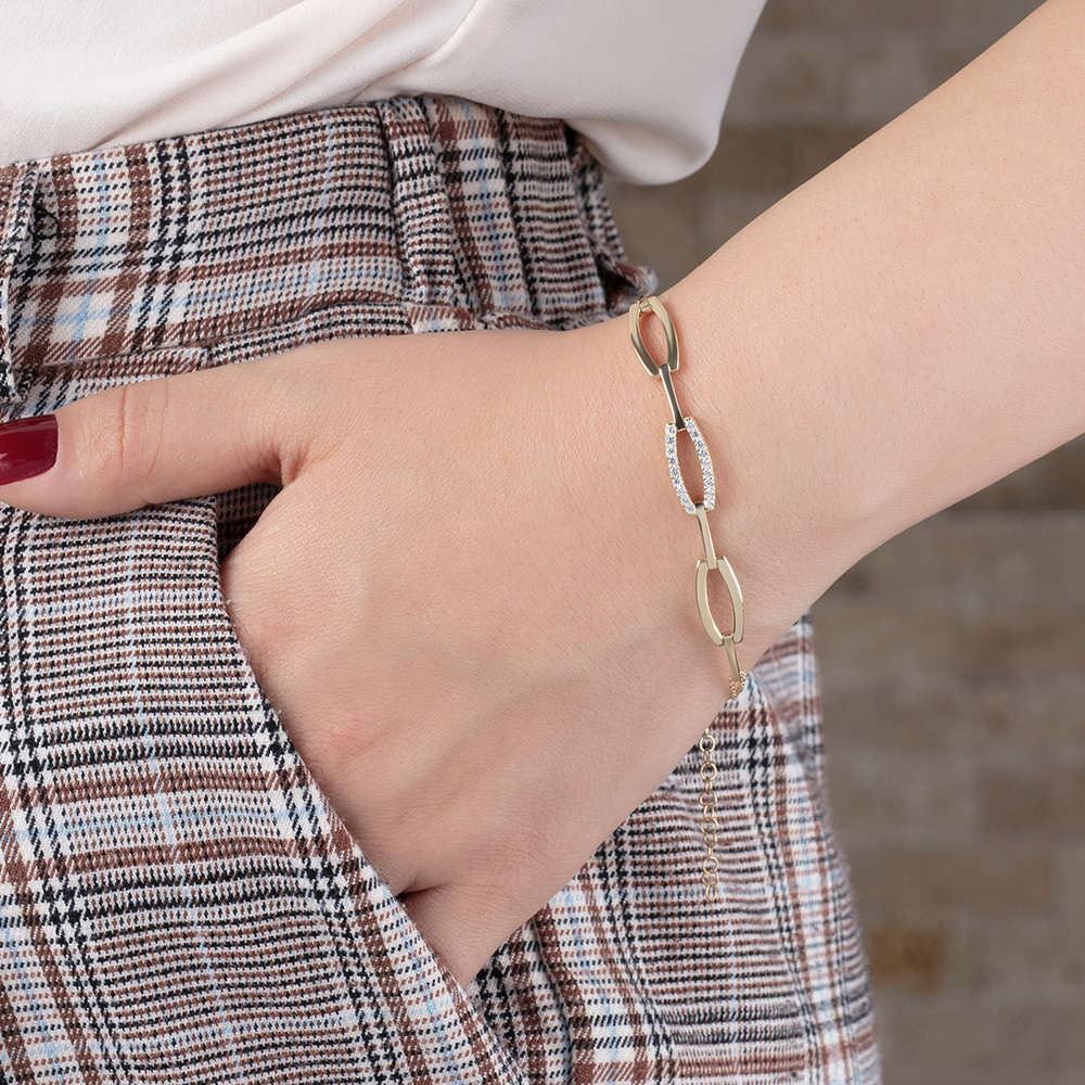 Zirkon Taşlı 3 lü Cats Eye Altın Renk 925 Ayar Gümüş Bayan Bileklik - 2