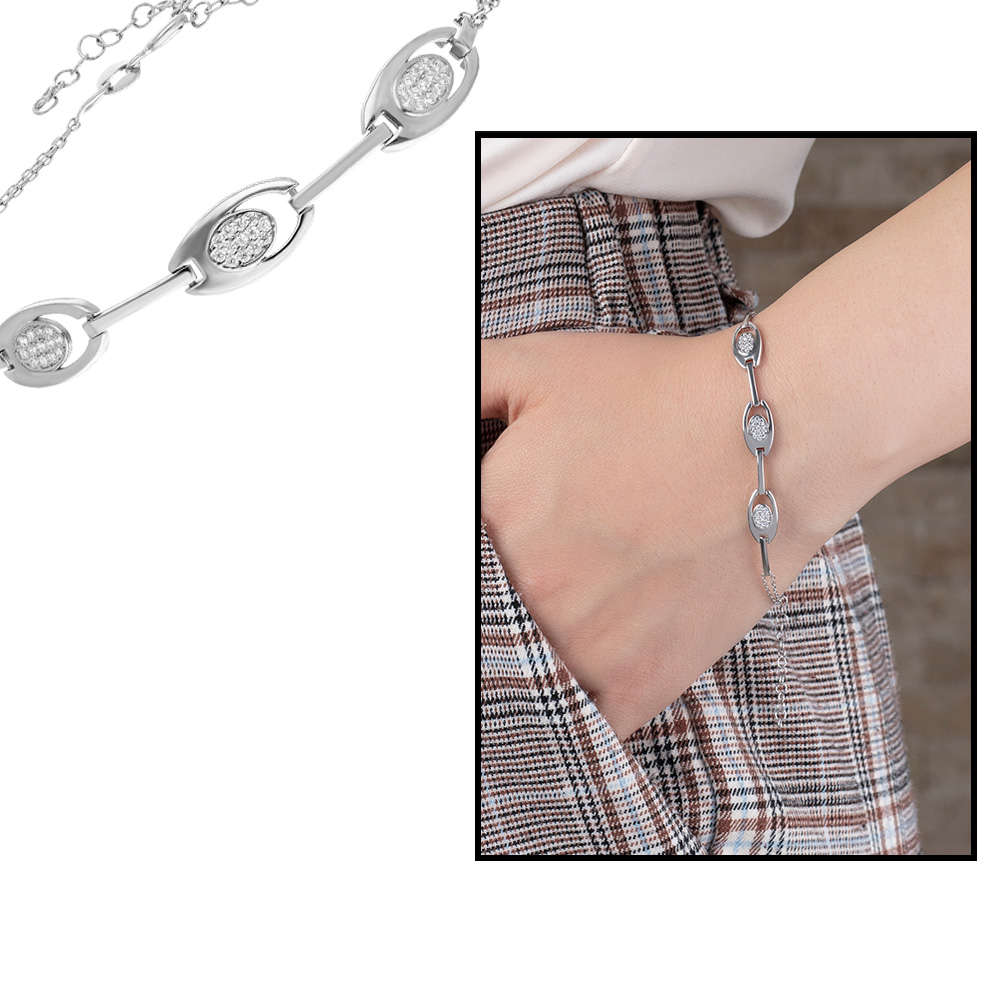 Zirkon Taşlı 3'lü Tiger's Eye 925 Ayar Gümüş Bayan Bileklik - 1