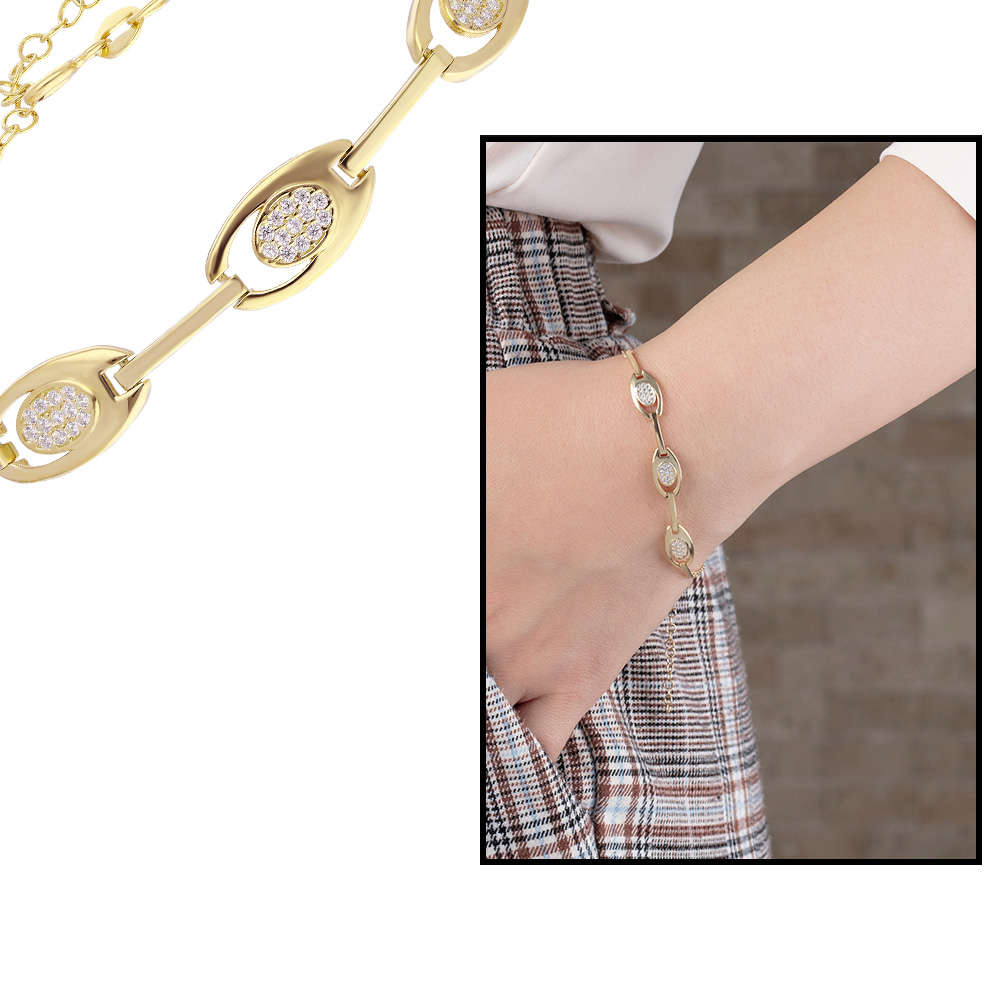 Zirkon Taşlı 3'lü Tiger's Eye Gold Renk 925 Ayar Gümüş Bayan Bileklik - 1