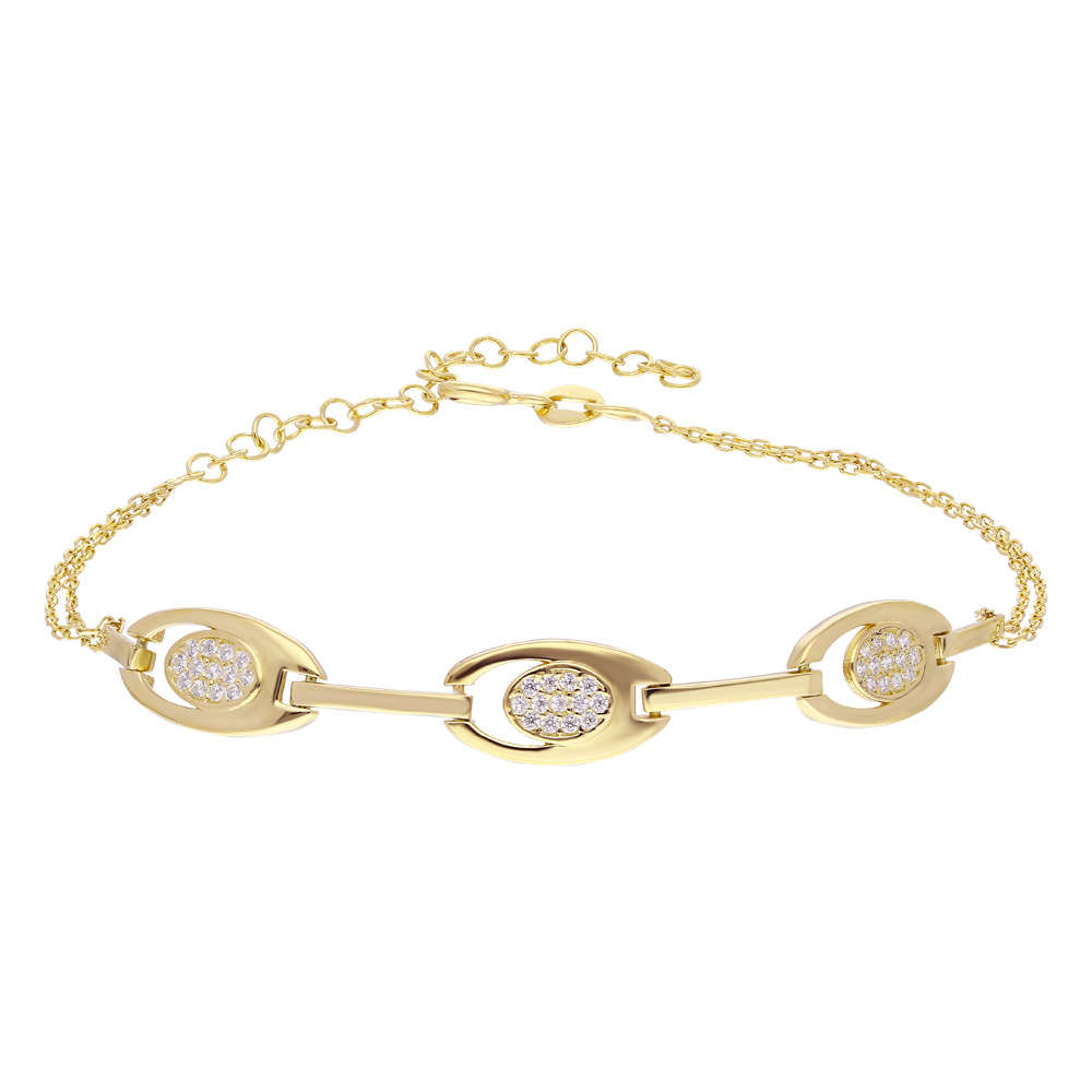 Zirkon Taşlı 3'lü Tiger's Eye Gold Renk 925 Ayar Gümüş Bayan Bileklik - 3