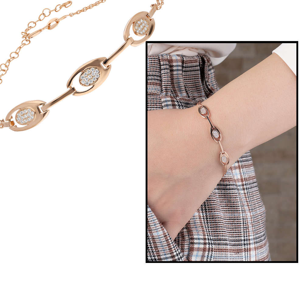 Zirkon Taşlı 3'lü Tiger's Eye Rose Renk 925 Ayar Gümüş Bayan Bileklik - 1