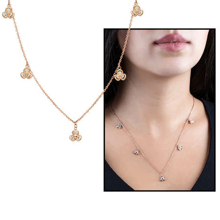 Zirkon Taşlı 5'li Sardunya Yaprağı Tasarım Rose Renk 925 Ayar Gümüş Şans Kolyesi - Tesbihane