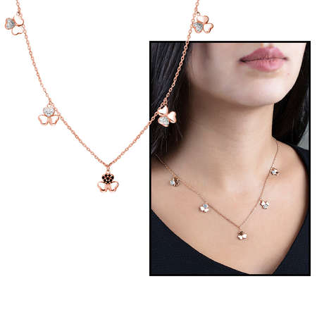 Zirkon Taşlı 5'li Yonca Yaprağı Tasarım Rose Renk 925 Ayar Gümüş Şans Kolyesi - Tesbihane