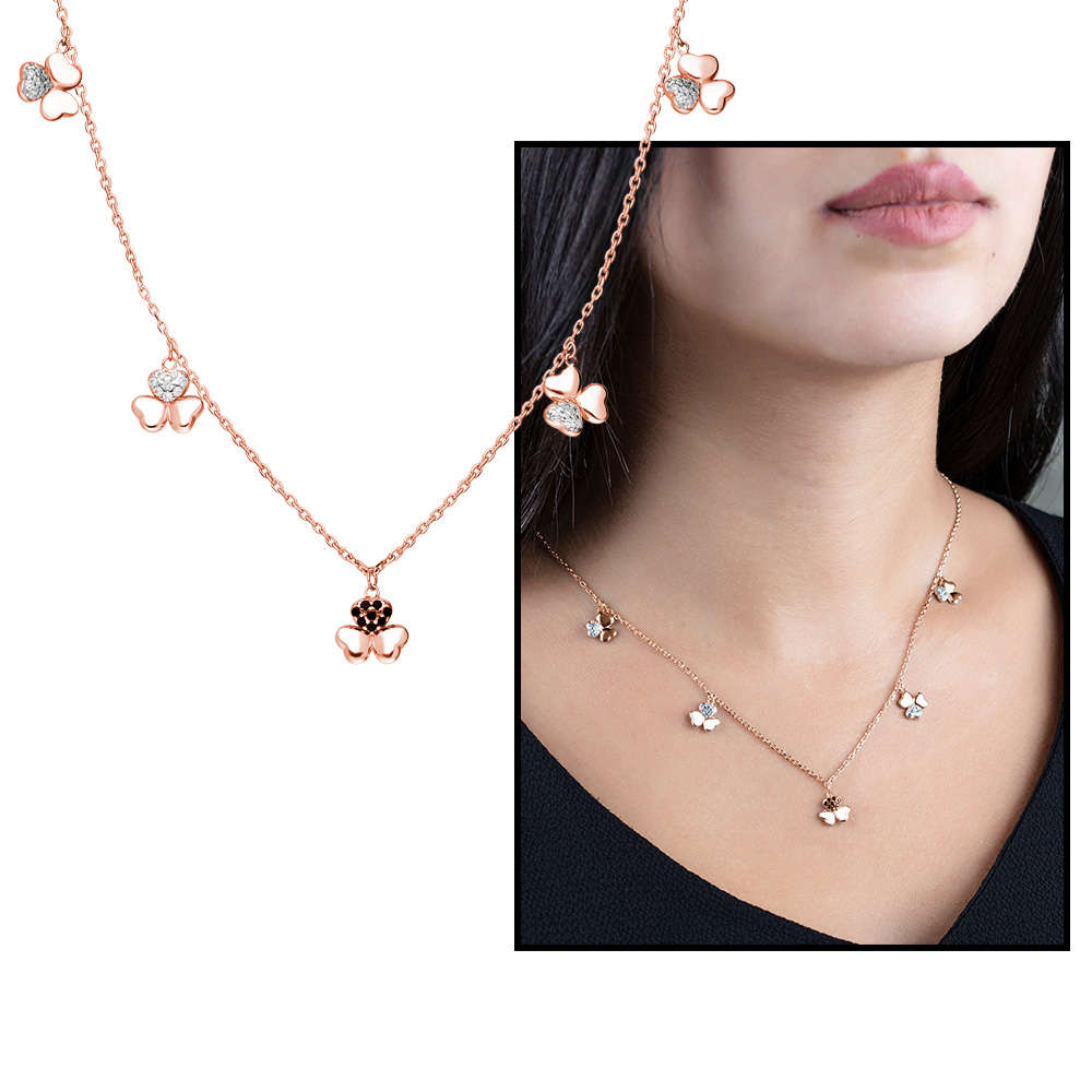 Zirkon Taşlı 5'li Yonca Yaprağı Tasarım Rose Renk 925 Ayar Gümüş Şans Kolyesi - 1