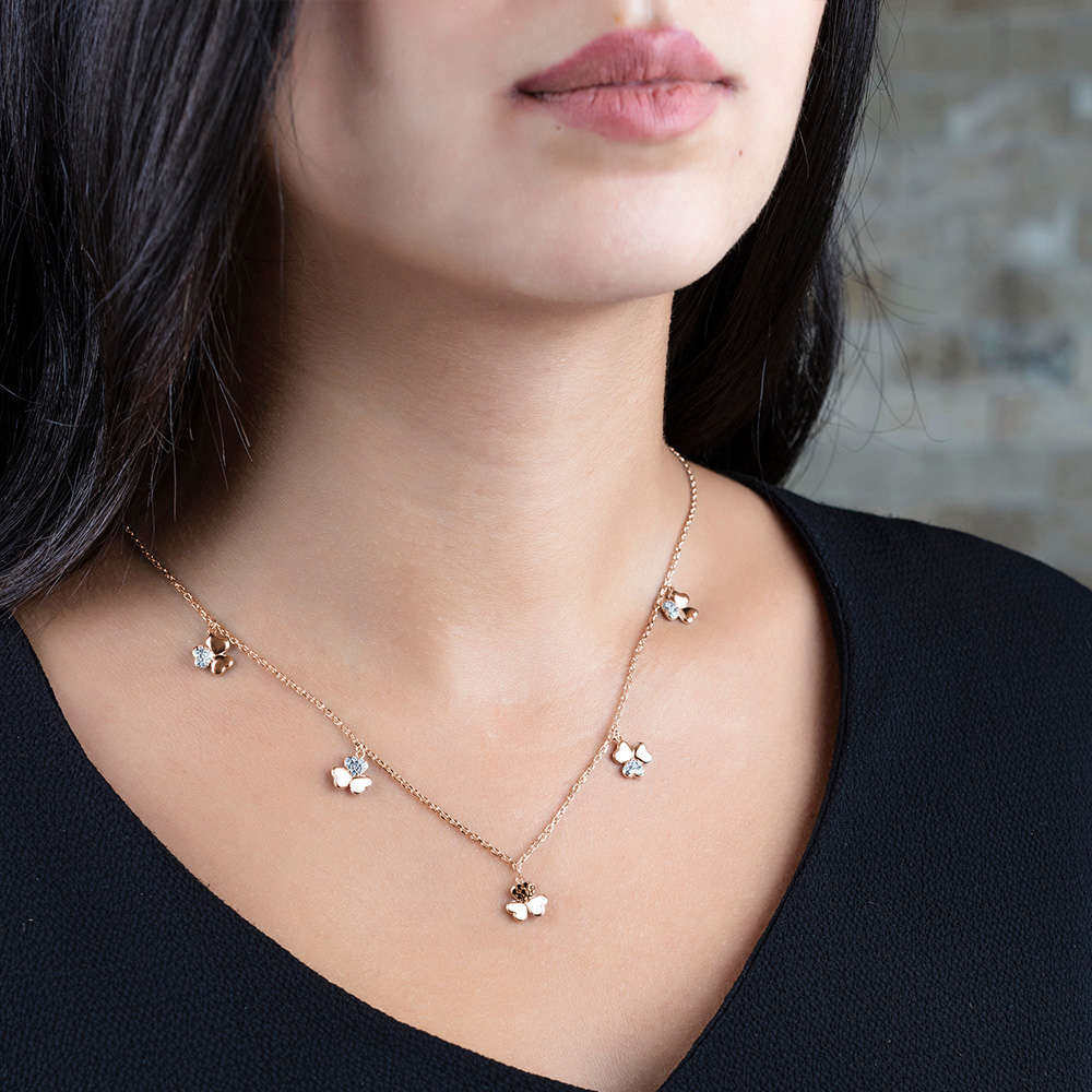 Zirkon Taşlı 5'li Yonca Yaprağı Tasarım Rose Renk 925 Ayar Gümüş Şans Kolyesi - 2