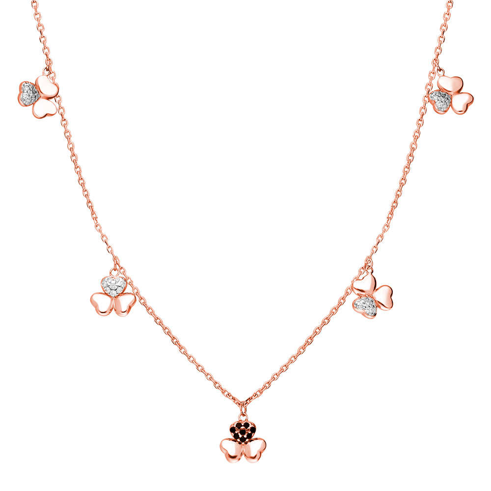 Zirkon Taşlı 5'li Yonca Yaprağı Tasarım Rose Renk 925 Ayar Gümüş Şans Kolyesi - 3