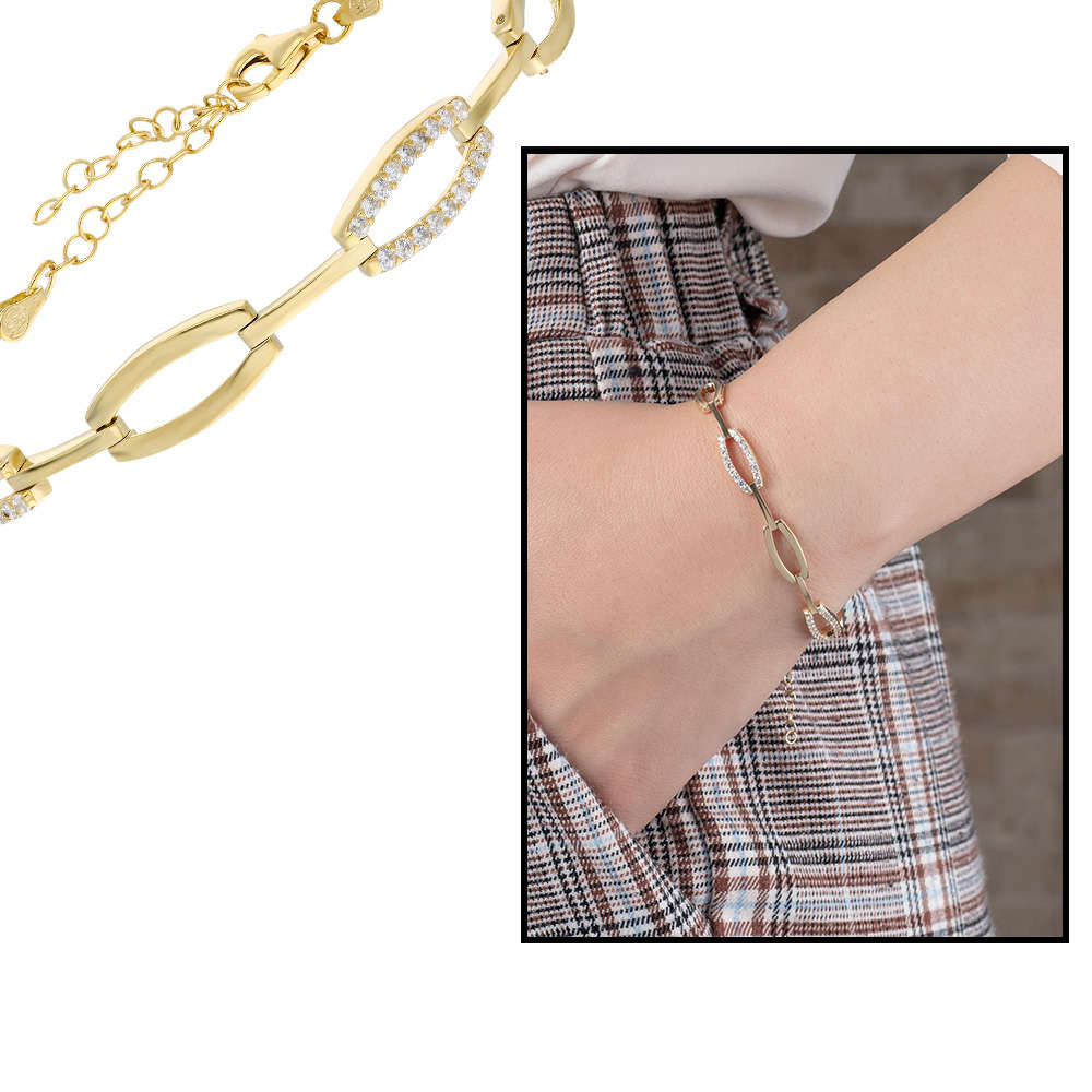 Zirkon Taşlı 6 lı Cats Eye Altın Renk 925 Ayar Gümüş Bayan Bileklik - 1