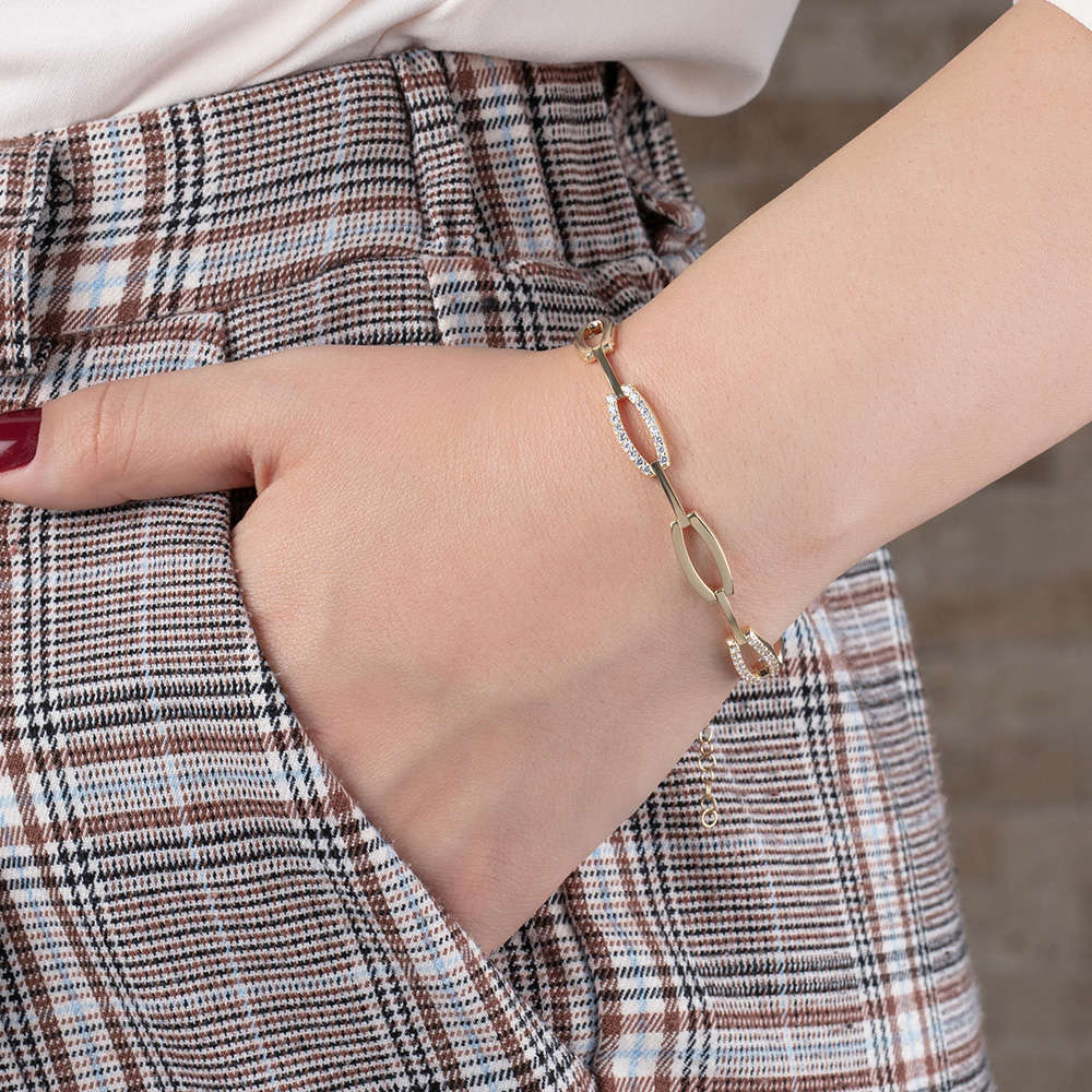 Zirkon Taşlı 6 lı Cats Eye Altın Renk 925 Ayar Gümüş Bayan Bileklik - 2