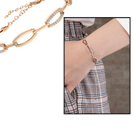 Zirkon Taşlı 6 lı Cats Eye Rose Renk 925 Ayar Gümüş Bayan Bileklik - Tesbihane