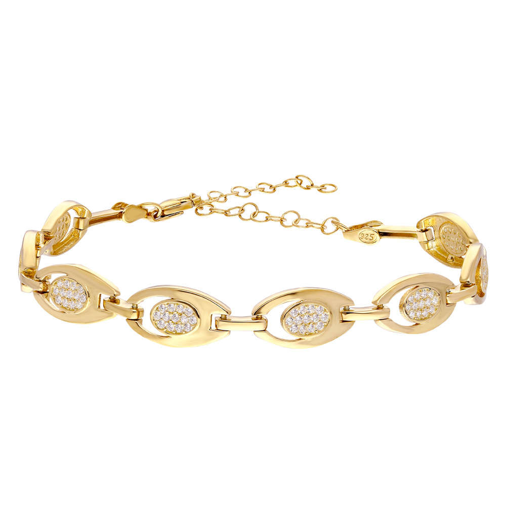 Zirkon Taşlı 6'lı Tiger's Eye Gold Renk 925 Ayar Gümüş Bayan Bileklik - 3