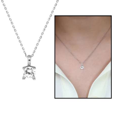 Zirkon Taşlı 925 Ayar Gümüş Tektaş Kolye - Tesbihane