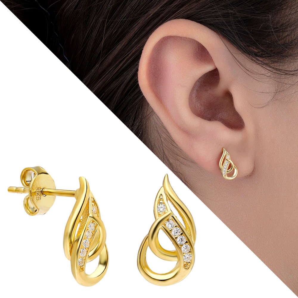 Zirkon Taşlı Alev Tasarım Gold Renk 925 Ayar Gümüş Küpe - 1